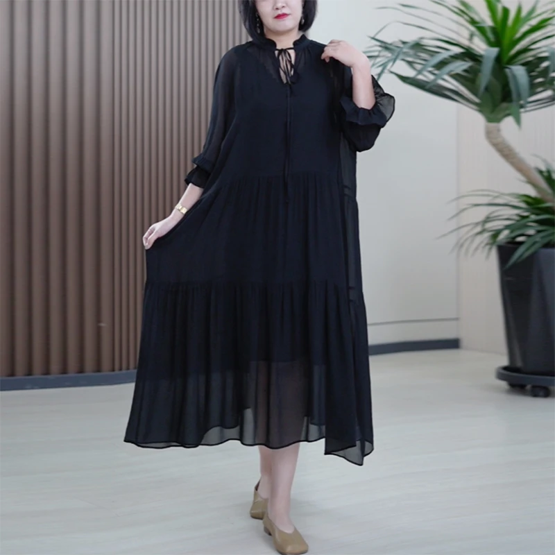 两穿人丝双绉纱连衣裙真两件套木耳边七分袖大码夏季沙滩长裙潮