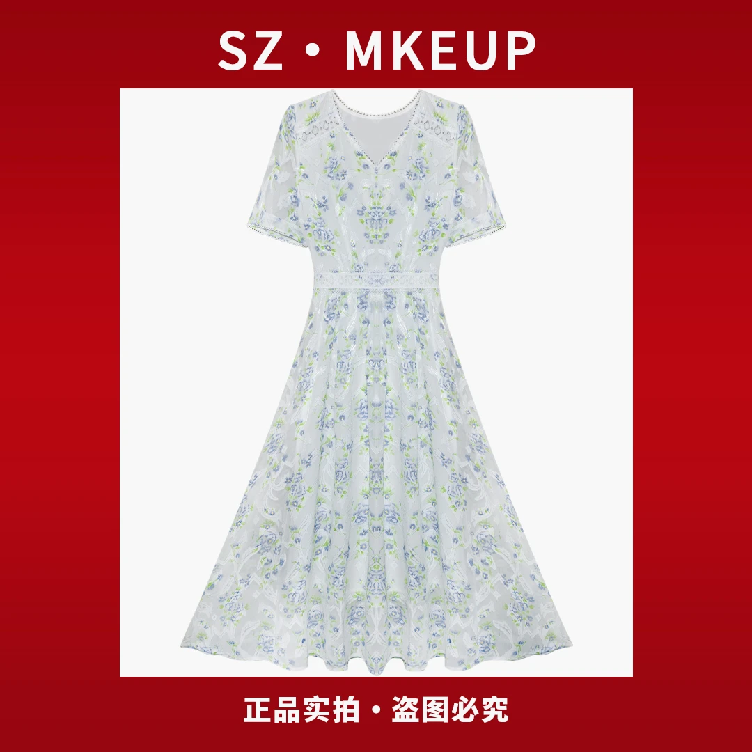 [深圳南油高定]复古高腰显瘦小众气质轻奢中长款夏季连衣裙MU124