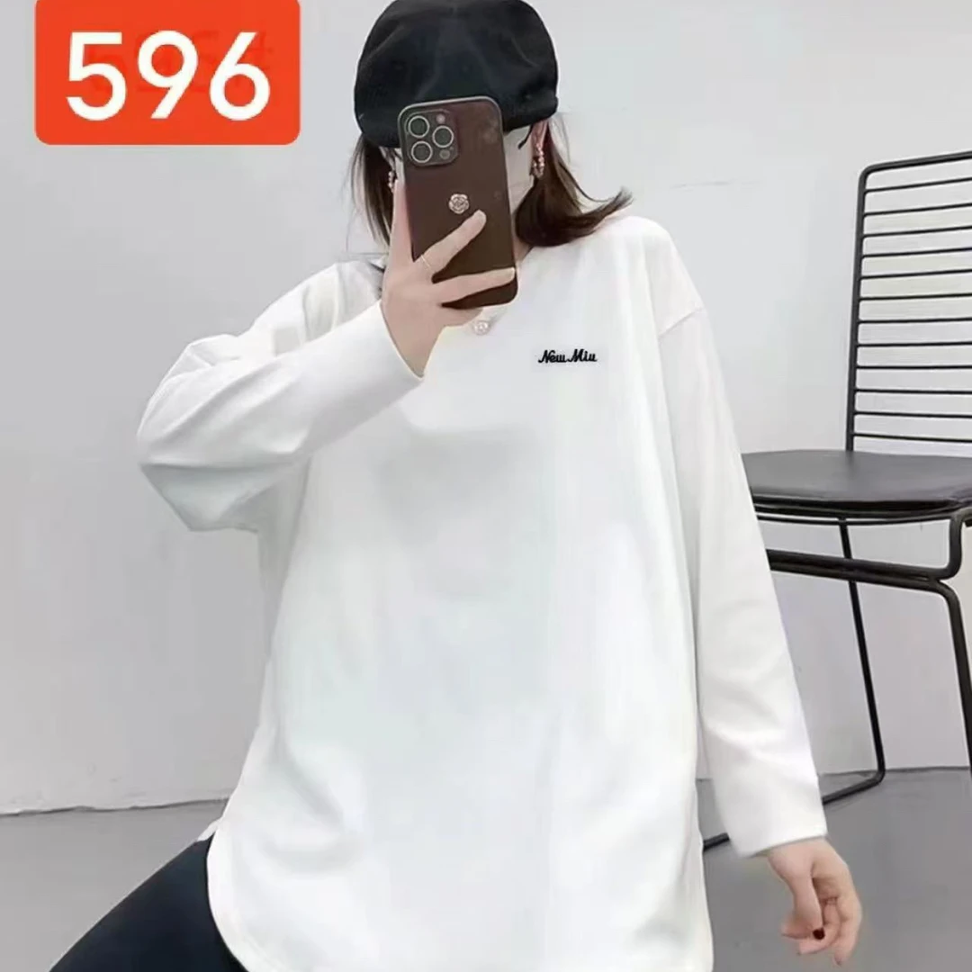 596 中长款长袖t恤女弧形下摆遮屁白色加绒圆领上衣内搭打底衫