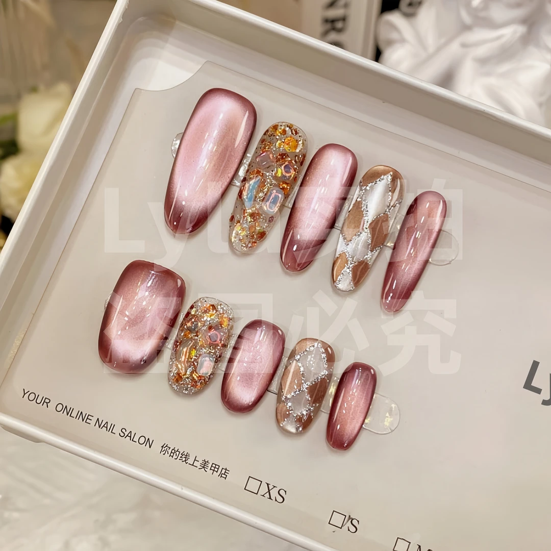 「浪漫国度」纯手工穿戴甲猫眼手绘棋盘格K9钻可拆卸假指甲反复佩戴