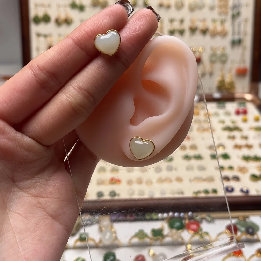 和田玉银S925镀金镶嵌耳坠