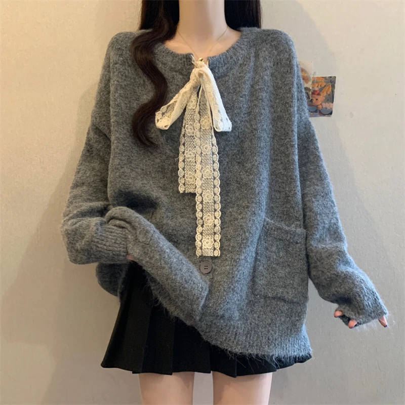 设计感蕾丝系带毛衣开衫外套大码女装微胖mm宽松慵懒百搭针织上衣