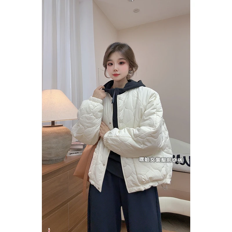 【冰糖板栗】时尚百搭简约圆领下摆抽绳棉服女秋冬宽松显瘦保暖外套