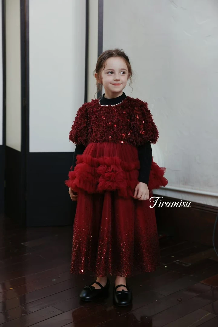 高级礼服2024秋冬新女童公主裙圣诞新年红色连衣裙网纱裙生日礼服