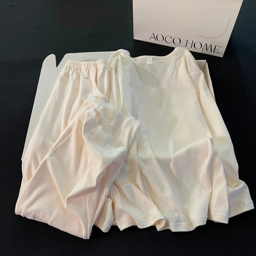 睡衣女春秋季长袖大码德绒2025新款加厚保暖公主风杏色套装家居服