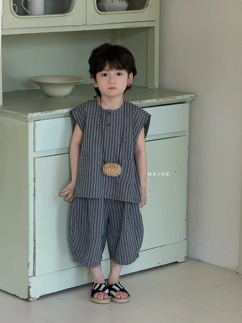 男童夏季背心套装2025新款洋气中小童条纹短裤儿童薄款无袖两件套