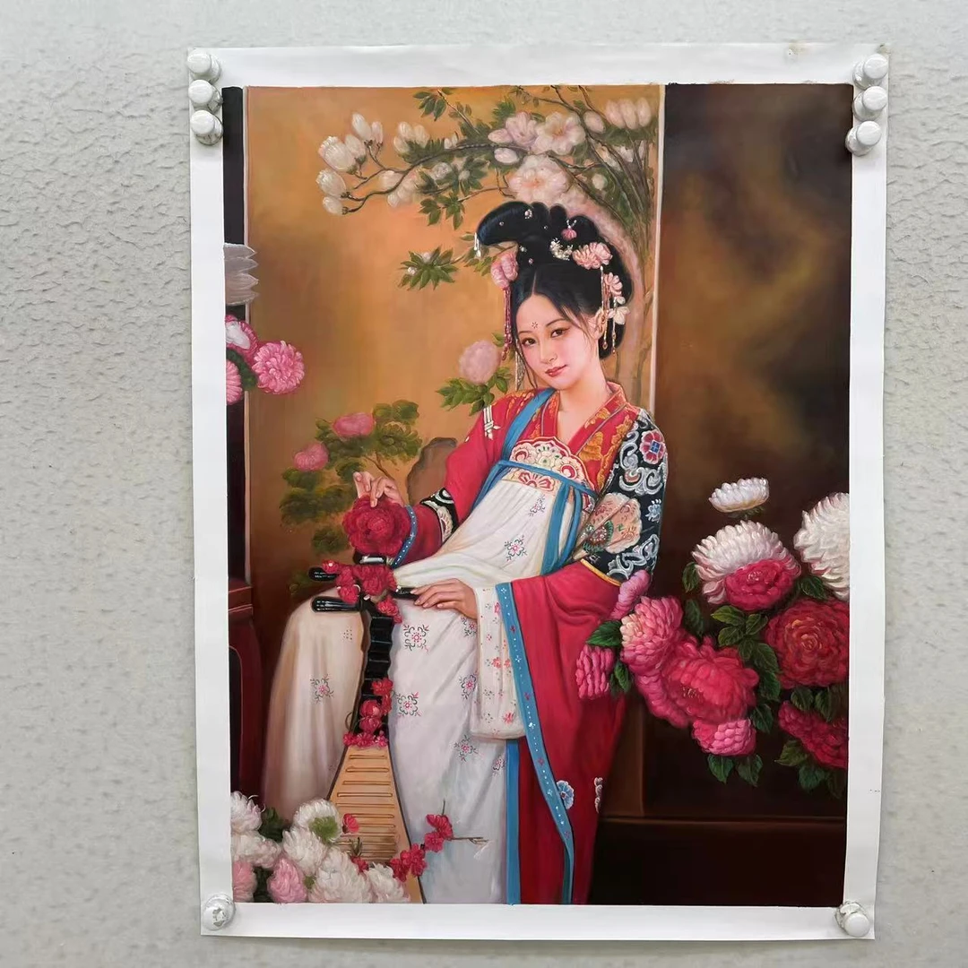 林彦新 *** 贵妃-牡丹花-灯笼-75*100厘米-手绘油画-麻布