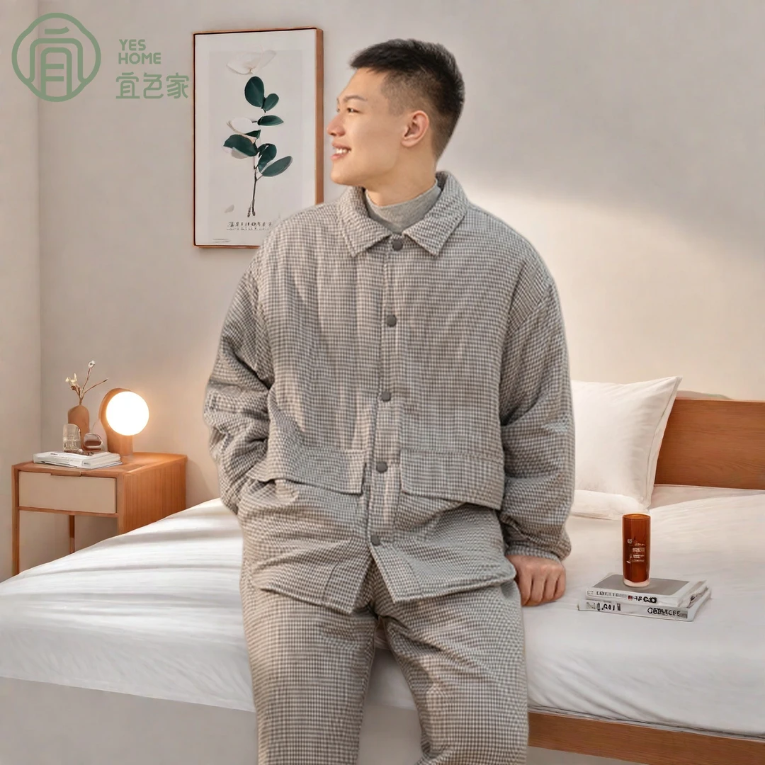 宜色家情侣睡衣2025新款100%全棉秋冬加大简约休闲保暖外穿家居服