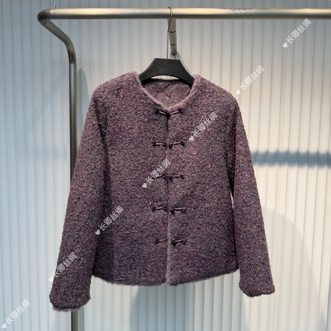【长卿】轻奢系列 秋冬圆领厚款毛毛紫色外套D1310