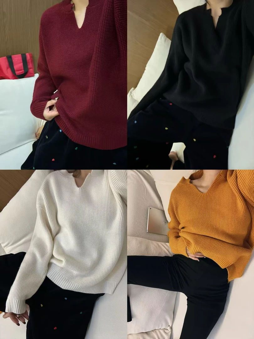 《子后》微胖大码 秋冬新品 华夫格v领高级显瘦套头针织衫
