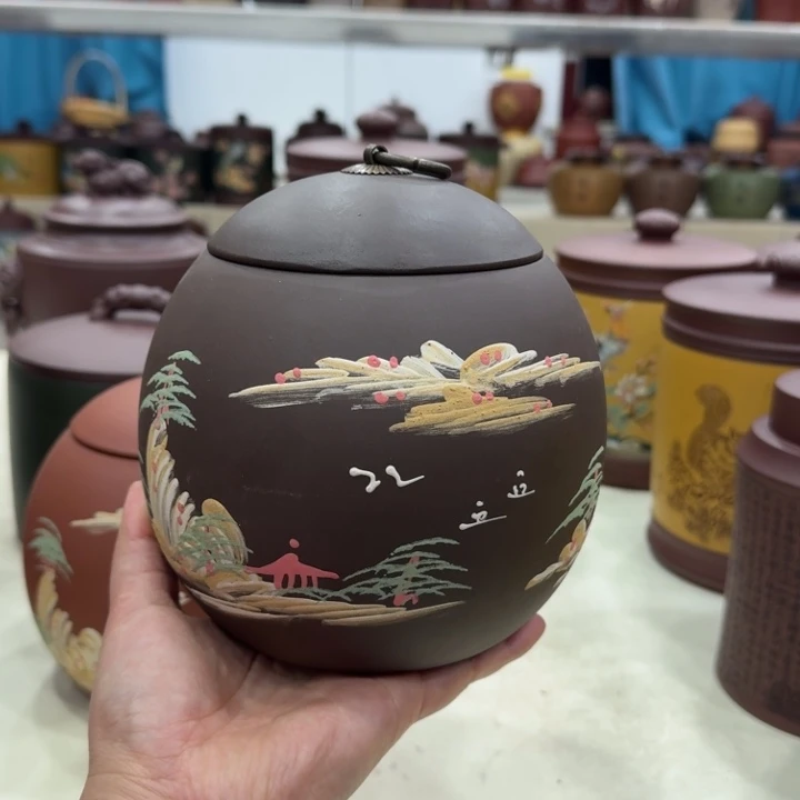 茶叶罐紫砂紫龙蛋泥绘