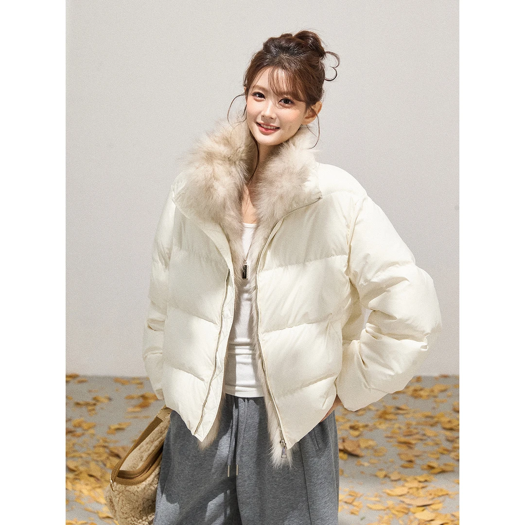 谢不肉 拼接狐狸毛领白鸭绒羽绒服女秋冬拉链保暖外套10812