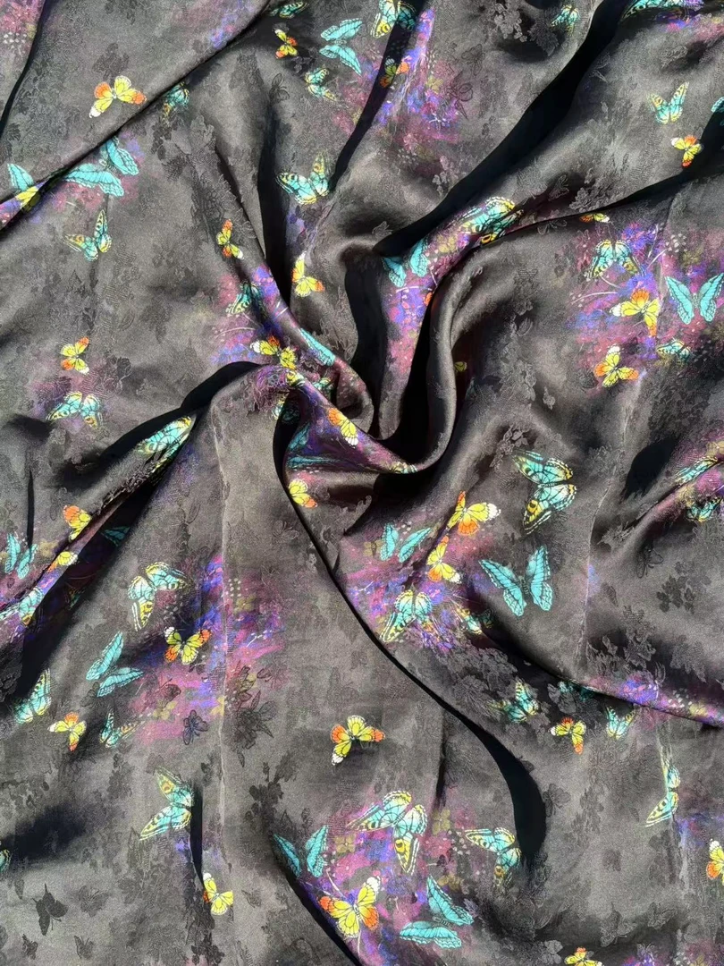 [墨花]高档新中式香云纱花萝提花裙装旗袍面料（开裁不退换）