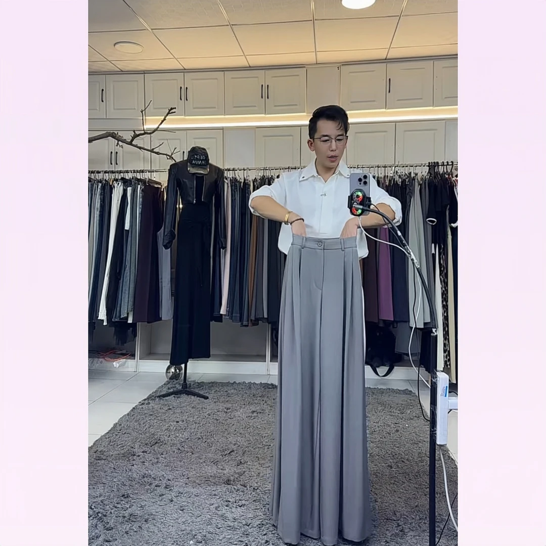 燕龙服饰原创设计1015奶奶灰定制加长法式裤裙高腰百搭直筒阔腿裤