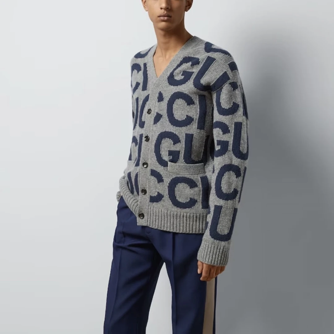 99新 GUCCI/古驰 8534/SS24 灰色嵌花满印针织开衫毛衣/M码/99新