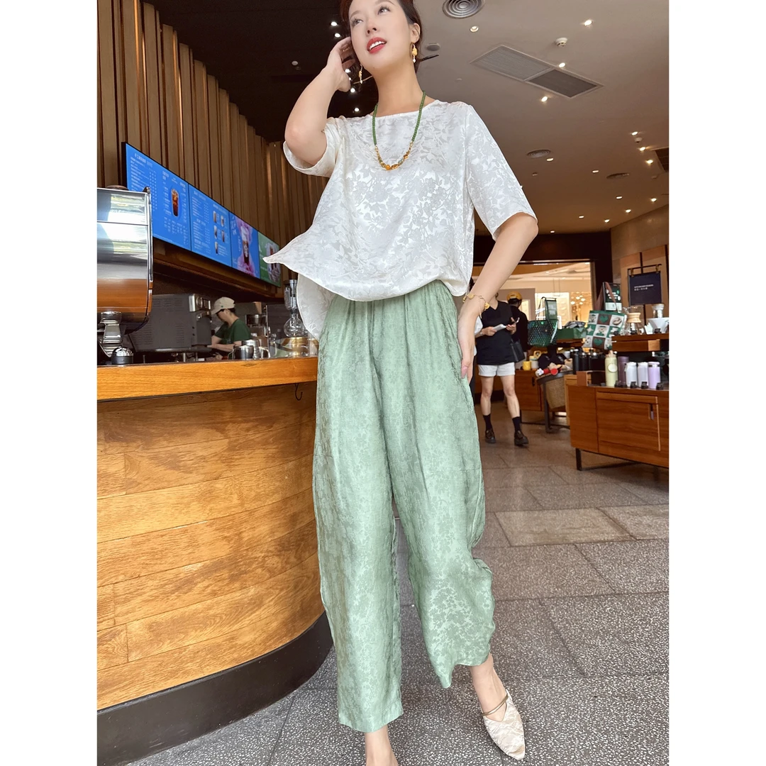 【深圳罗依】原创真丝休闲裤女扎染桑蚕丝提花九分裤宽松中式萝卜裤