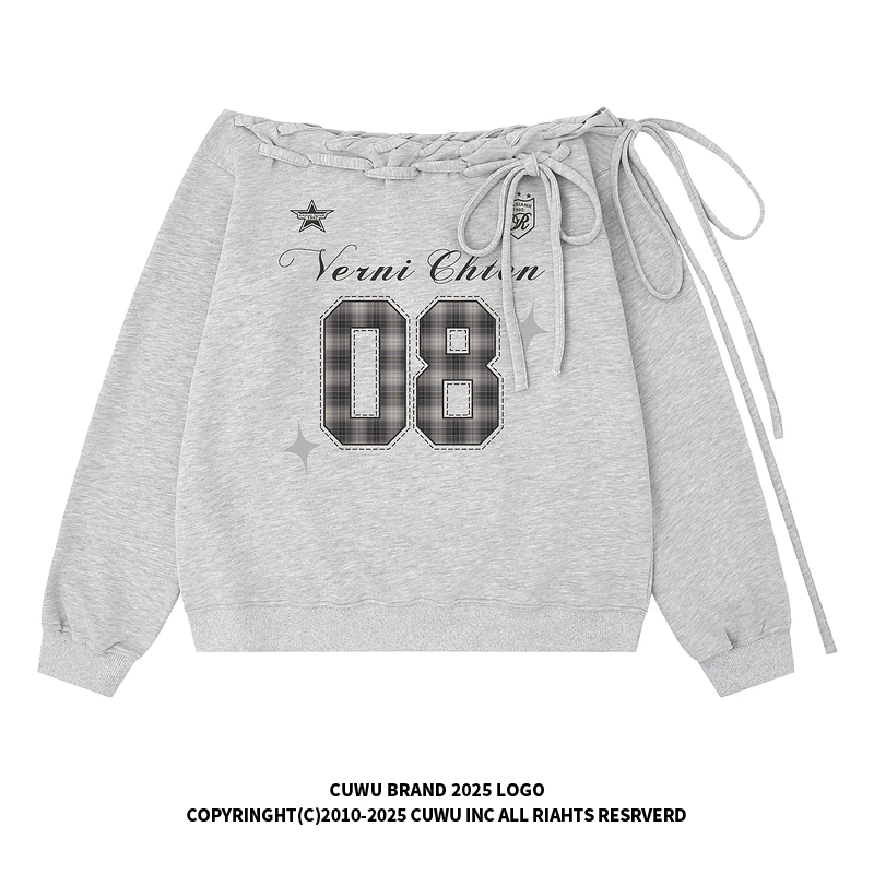 cuwu美式辣妹绑带斜肩卫衣女秋季2025新款宽松慵懒风短款露肩上衣