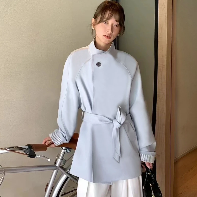 【25015】立领一粒扣韩版腰带显瘦短款风衣外套女