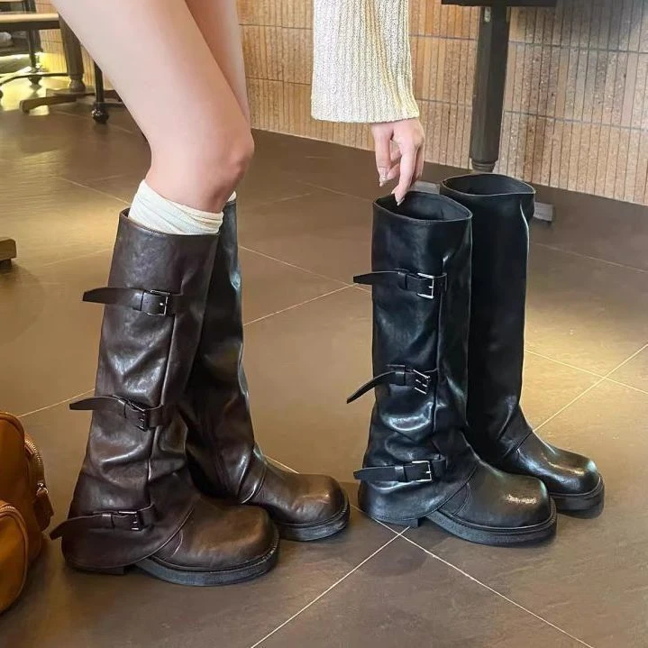 2025秋季新款马丁靴骑士靴女中长筒靴烟筒靴子棕色堆堆裤管靴