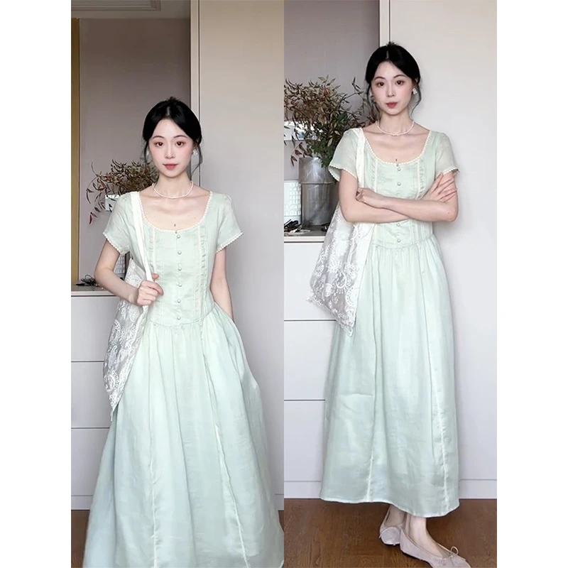 高级感温婉大方薄荷绿蕾丝花边连衣裙女夏季新款收腰气质长裙子