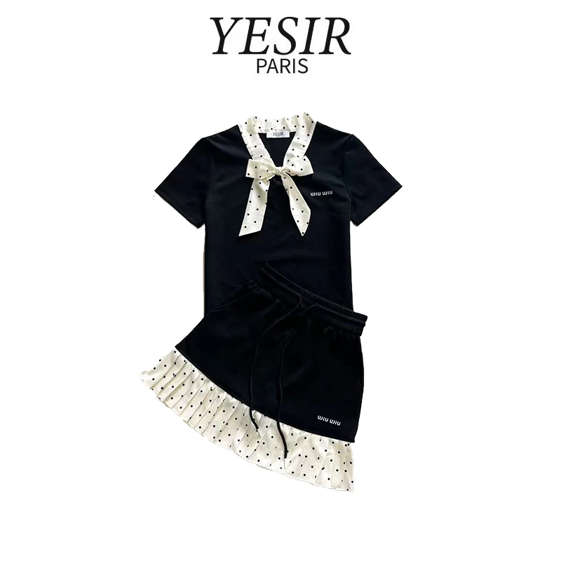 TZ25176时尚波点蝴蝶结裙裤套装