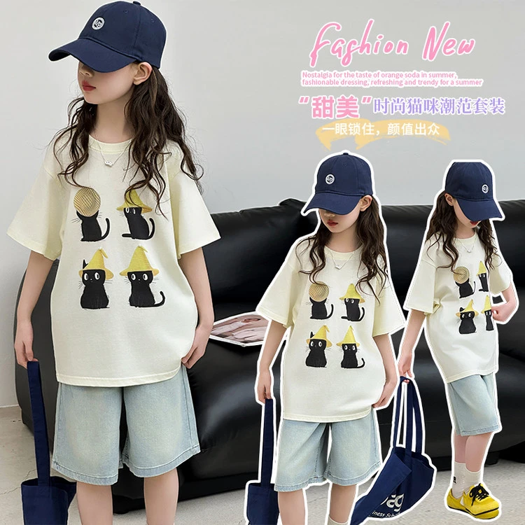 女童夏装短袖T恤套装2025新款洋气时髦女孩夏季半袖T恤短裤两件套
