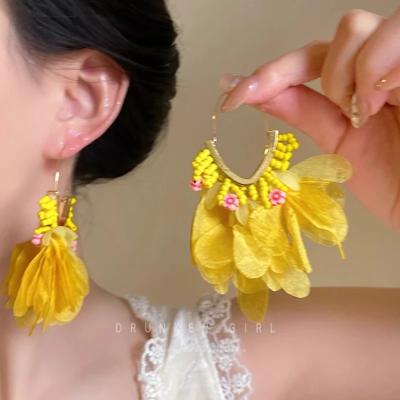 铜合金耳饰 黄色网纱花朵耳环女春夏海边度假风耳钉2025新款耳饰