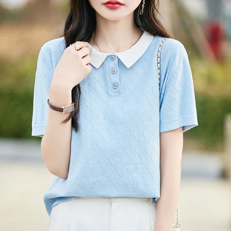 拼接短袖女薄款不起球常规纯棉翻领上衣洋气宽松气质休闲显瘦
