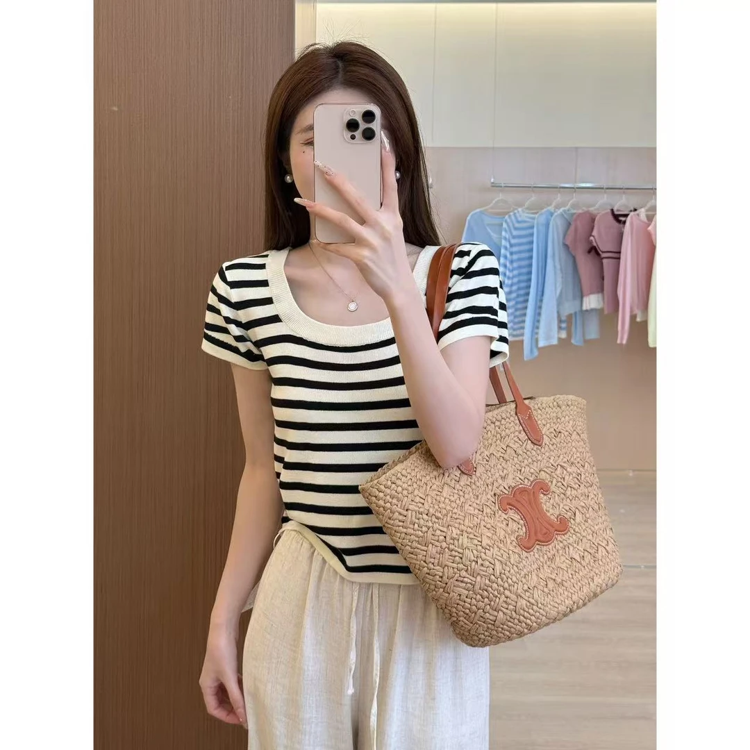 【饼干私服】黑白条纹条纹正肩短袖t恤女气质短款针织上衣#5797