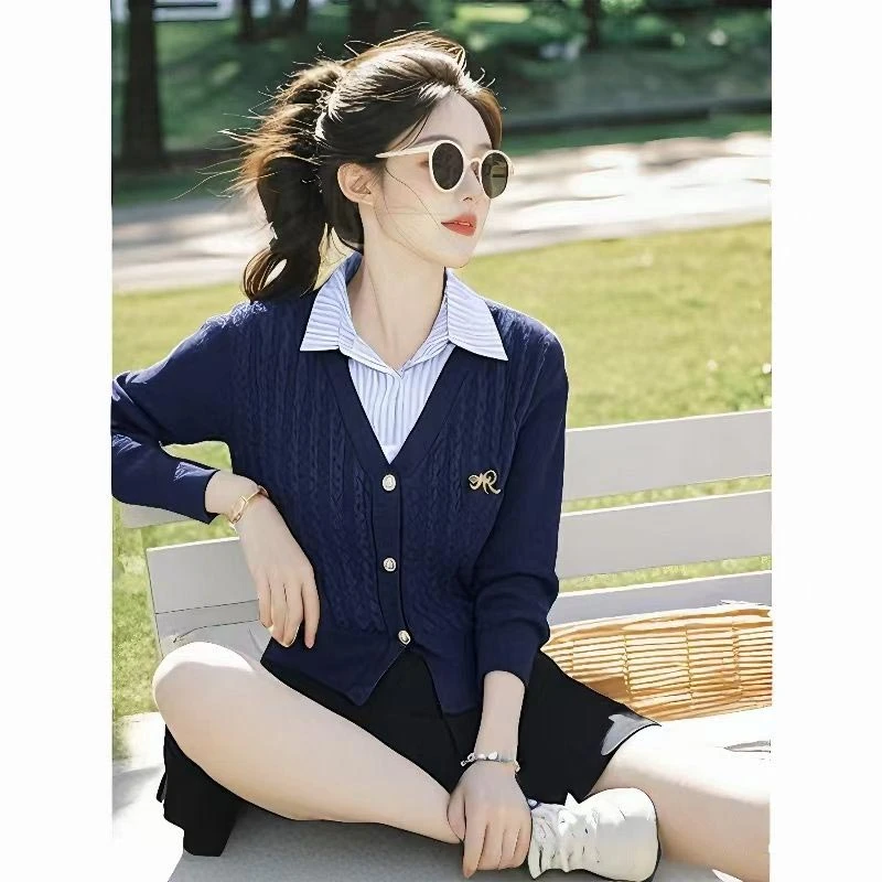 香朵儿时髦洋气减龄假两件针织衫2025春秋新款学院风鬼马甜心上衣