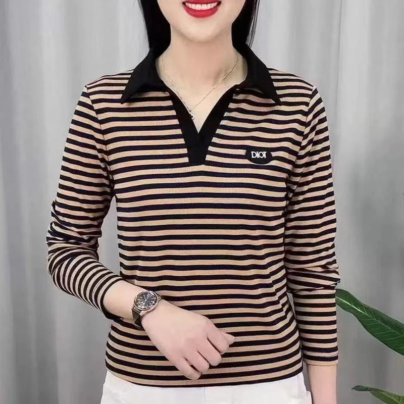 2025长袖翻领印花时尚T恤POLO领宽松显瘦减龄洋气女上衣潮