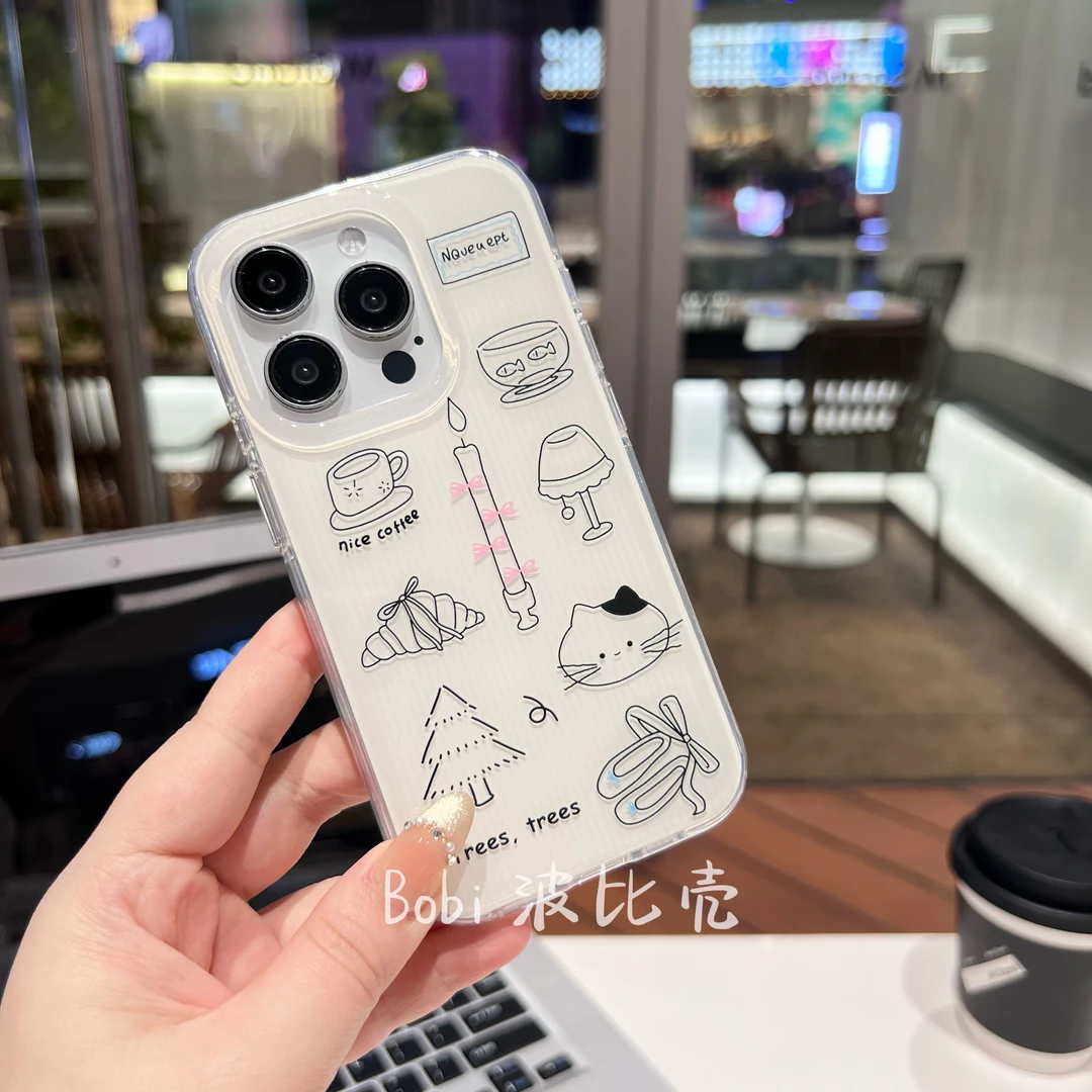 简约线条蜡烛台灯猫咪涂鸦可爱适用苹果手机壳iphone16pro全包/15