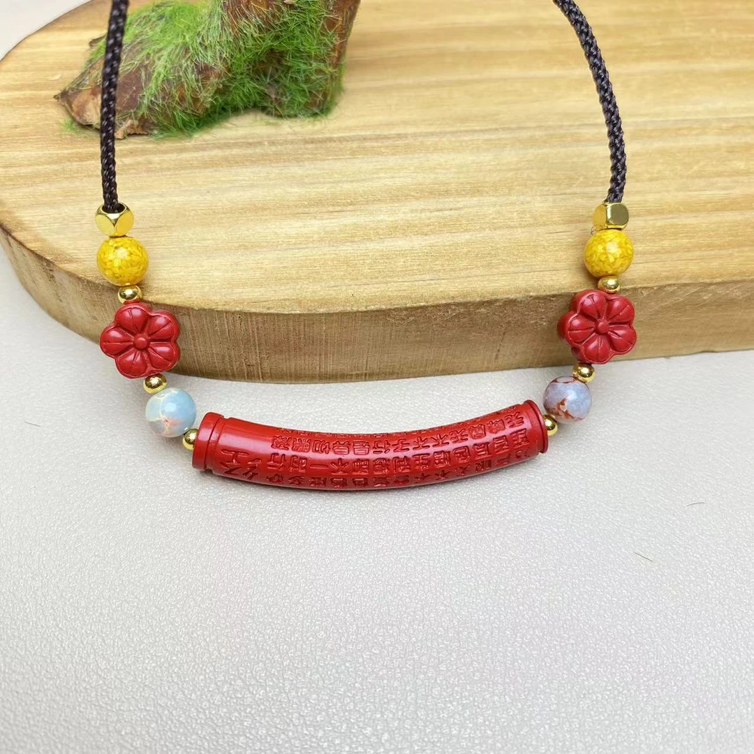 含辰砂工艺品高含量朱砂红砂设计款莲花心经弯管锁骨吊坠