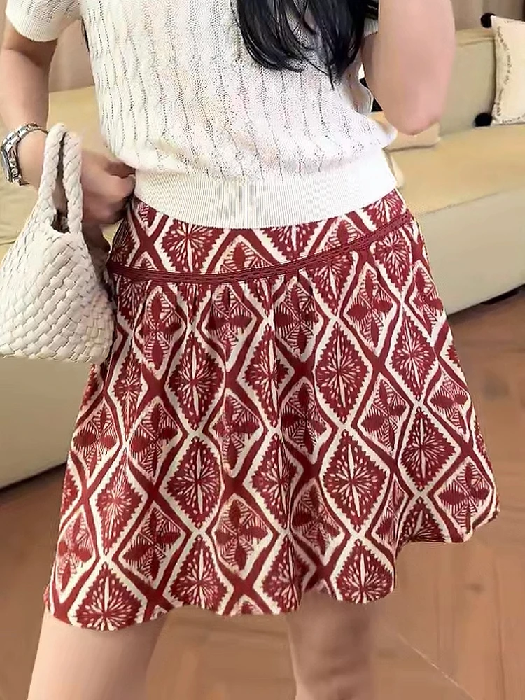 复古印花短裙女2025夏季流行新款高腰显瘦宽松时尚气质百搭半身裙