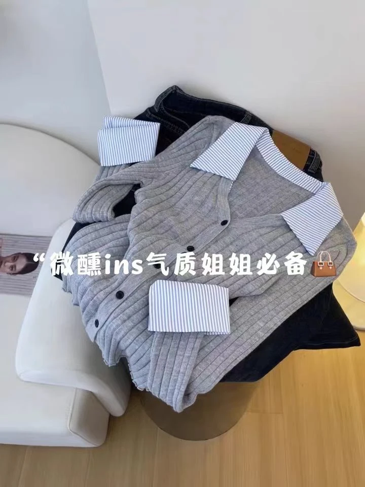 灰色拼接假两件polo衫长袖女秋季新款小众百搭修身翻领针织上衣