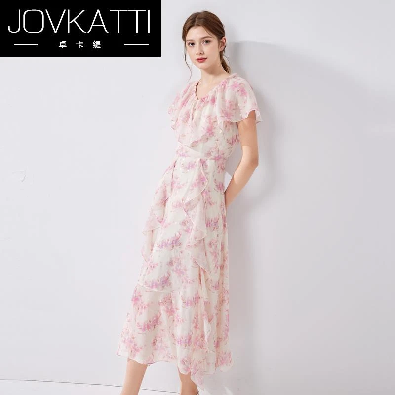 Jovkatti碎花雪纺连衣裙2025年夏季新款女装荷叶边收腰显瘦度假裙