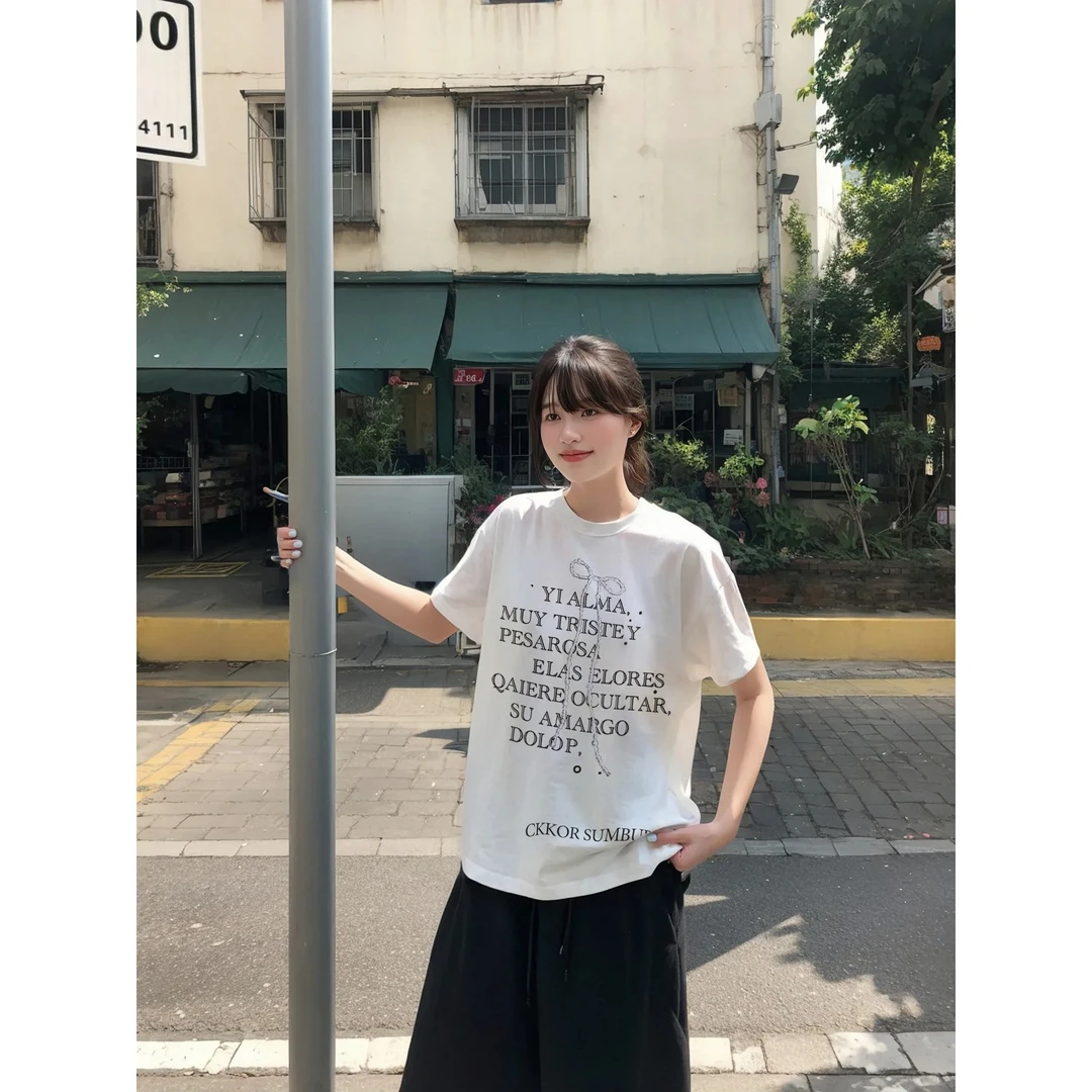 SUMBUR夏季纯棉显瘦圆领短袖宽松女t恤ins欧美学院风穿搭设计印花