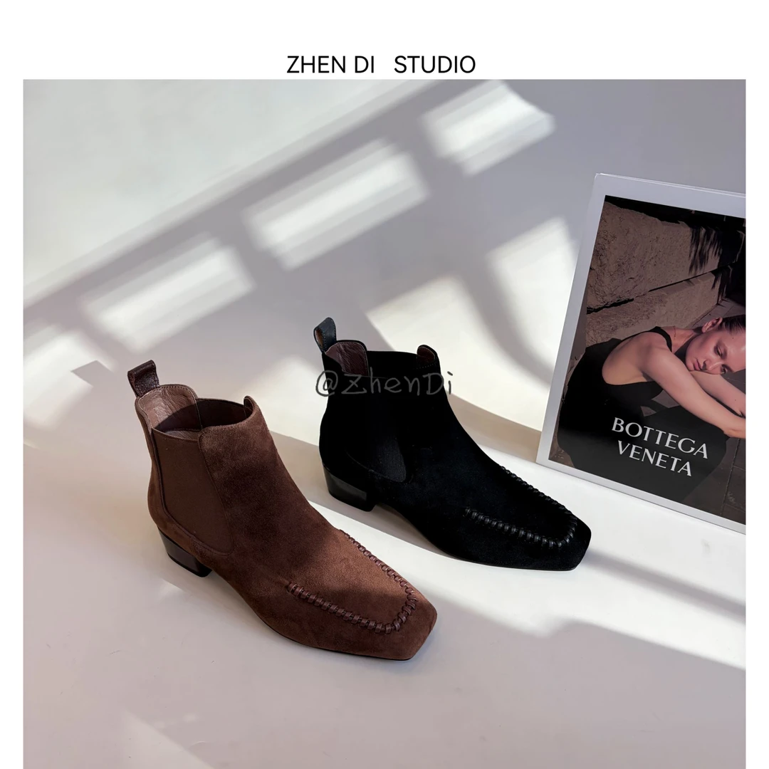 臻弟ZHENDI/秋冬新款小众设计百搭时尚复古粗跟切尔西短靴SC51052