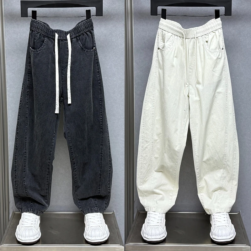 日系复古夏季新款拼接水洗休闲裤男士宽松直筒松紧腰痞帅弯刀裤男