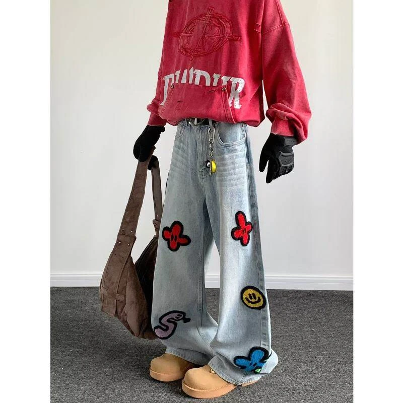 毛巾绣牛仔裤宽松青春潮流直筒拖地裤潮流休闲