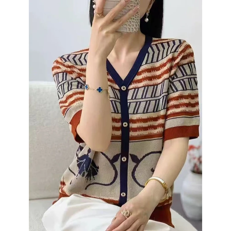 V领夏季气质复古花色撞色针织提花开衫