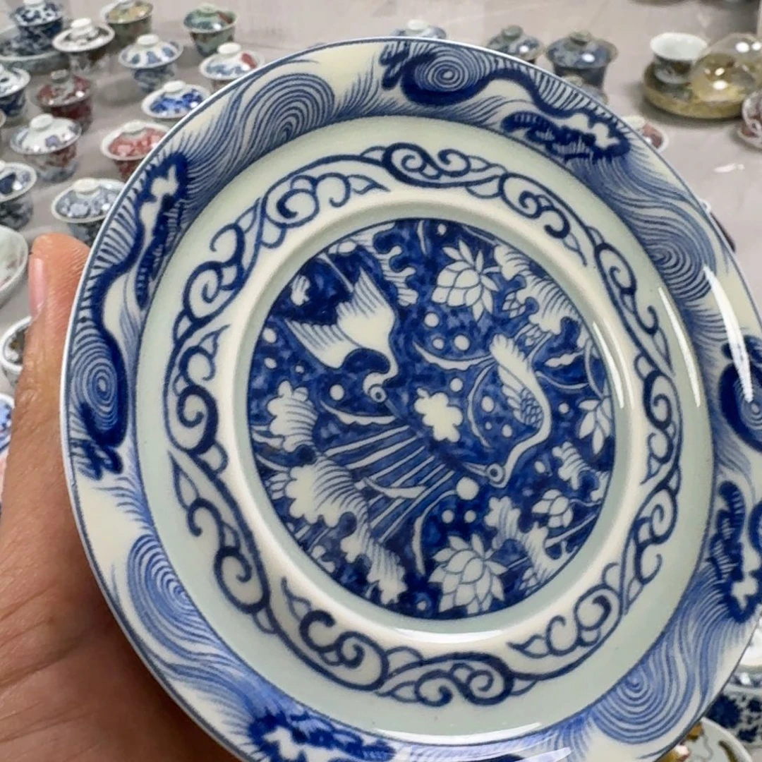 摆件青花一路连科盖碗底托