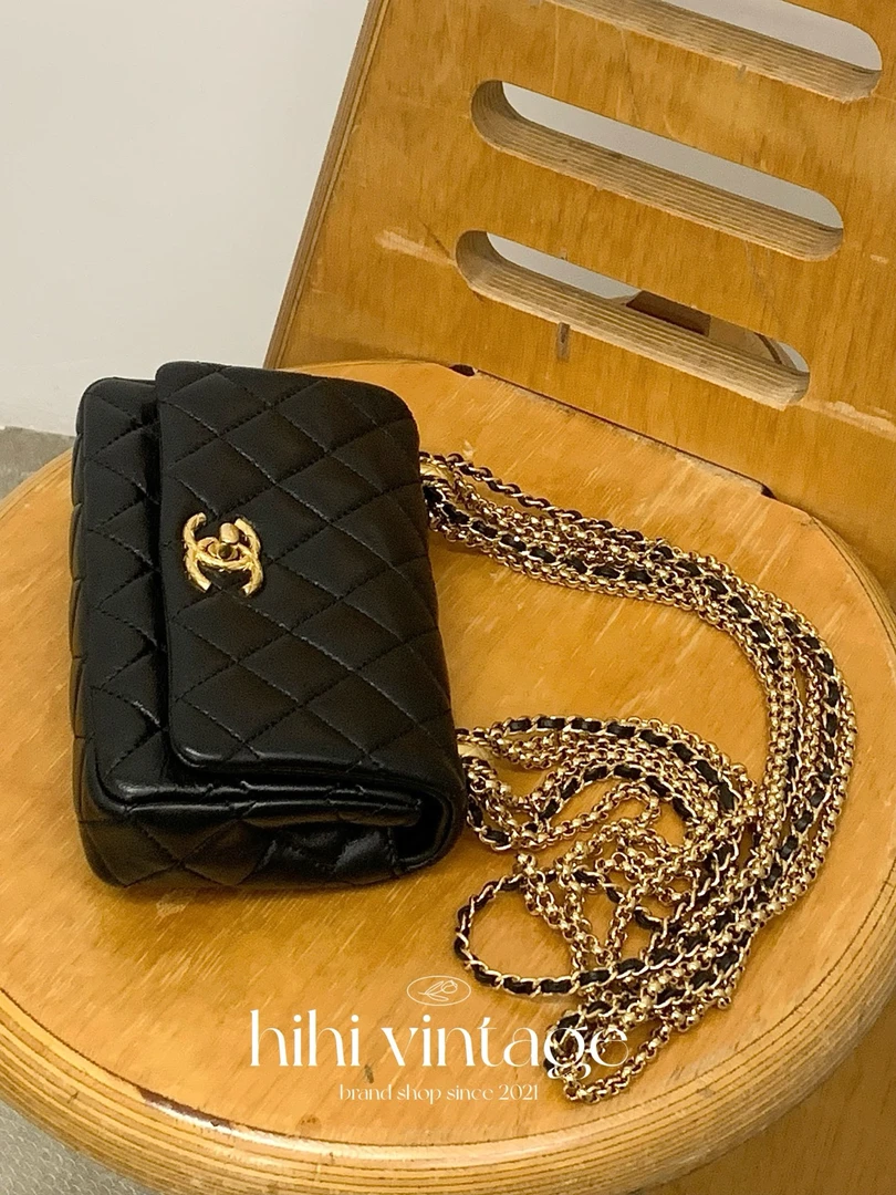 99新 Chanel/香奈儿  黑金多链条口盖包 芯片款 底长18CM