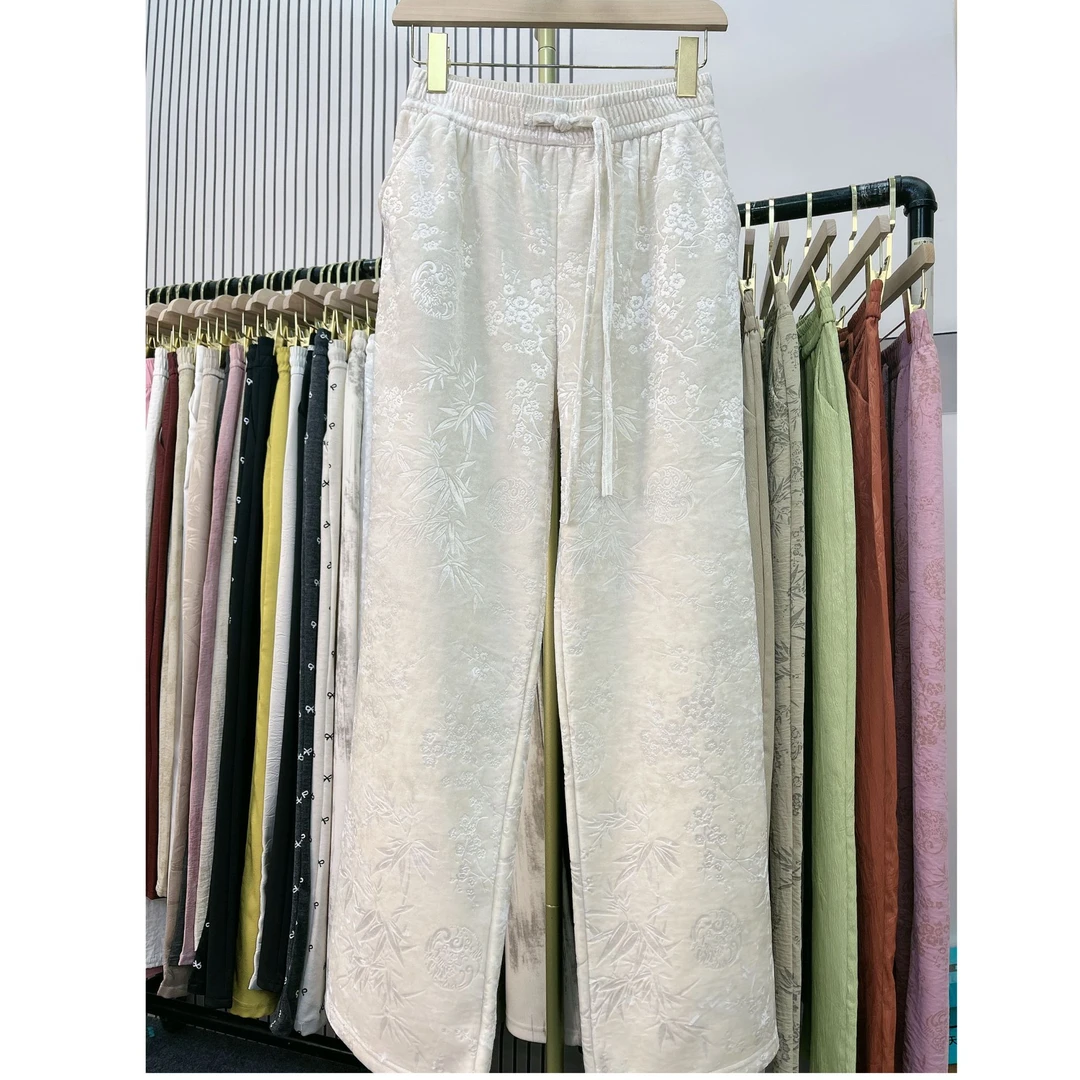 【冬季新品】新国风金钻绒富贵竹印花窄版直筒裤做工精细防风御寒