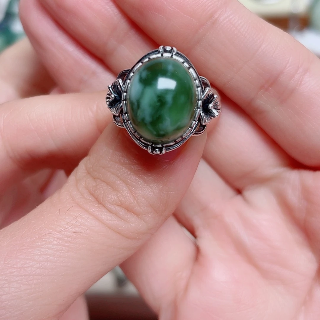 透闪石-蛇纹石玉银S925镶嵌戒指