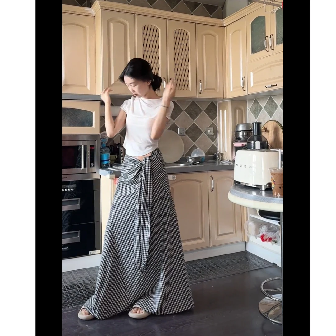 ML 8424一片式系带鱼尾半身裙女夏显瘦黑白格子长款包臀裙子裹裙