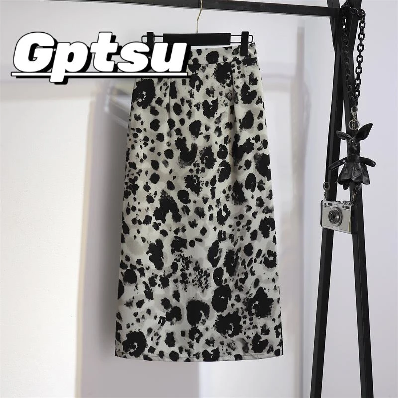 GPTSu薄款豹纹雪纺半身裙夏季2025显瘦高腰中长款开叉包臀一步裙