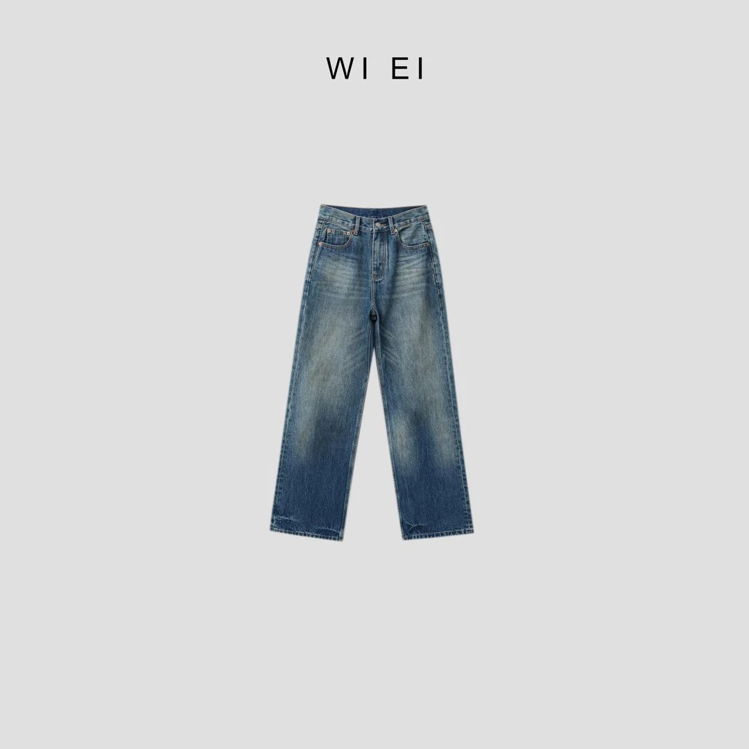 《WI EI》脏脏牛*设计师感 手工擦色 直筒宽松 拖地牛仔裤 5C0182
