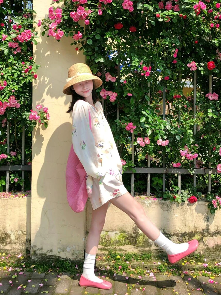 夏季新款碎花新中式长袖防晒衬衫女慵懒宽松高级感休闲短裤两件套