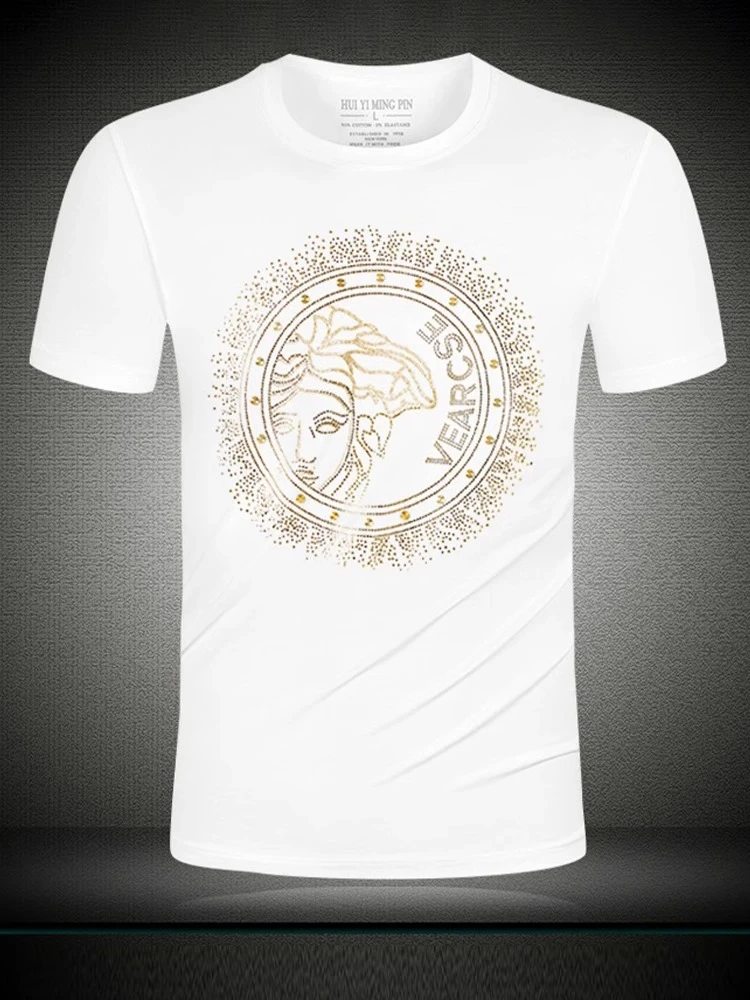 路约威格欧洲站高端男士短袖t恤夏季圆领修身烫钻潮牌休闲短袖T恤